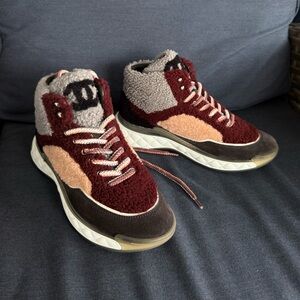 CHANEL Gray, Navy, Blush and Burgundy Shearling and Suede High-Top Sneakers